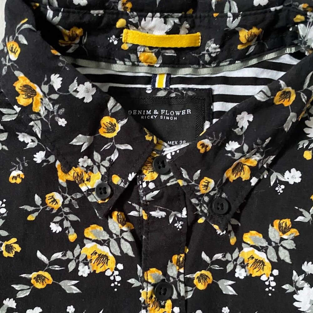 Denim & Flower Black and Yellow Floral Button Up Shirt 100% Cotton Short Sleeve - Picture 3 of 13